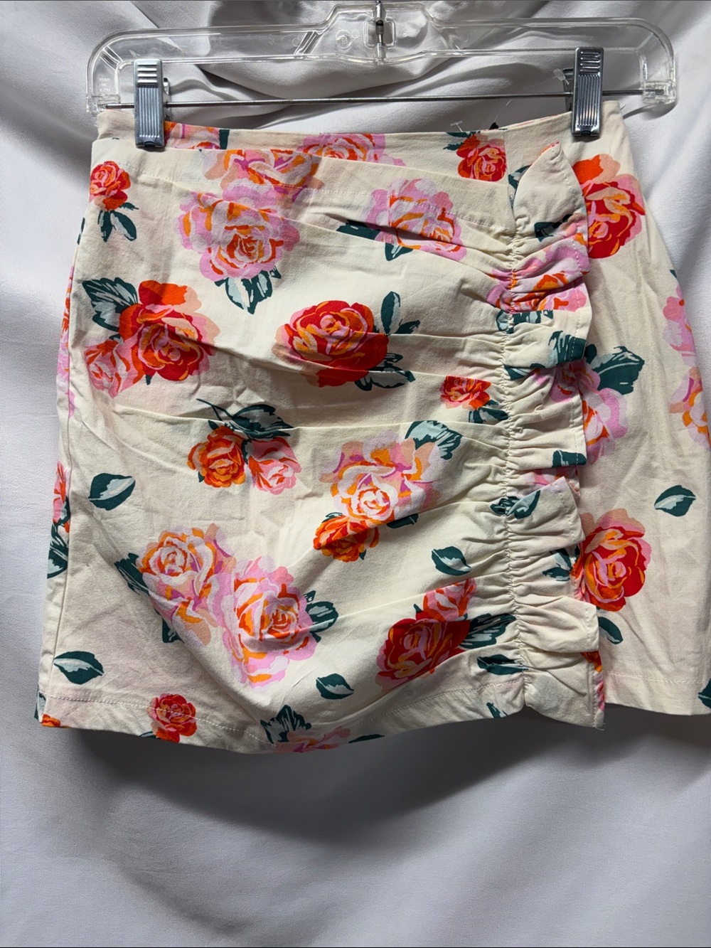 stradivarius Cream Mini Skirt with Pink & Orange Rose Print